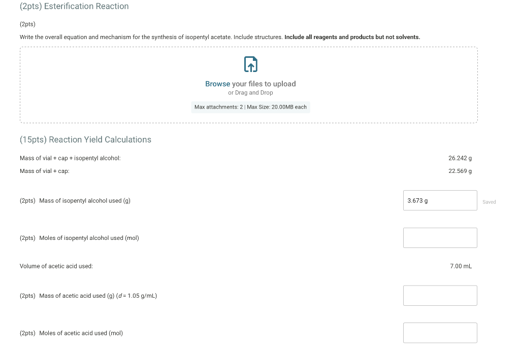 Solved Mass of vial + cap + isopentyl alcohol Mass of vial