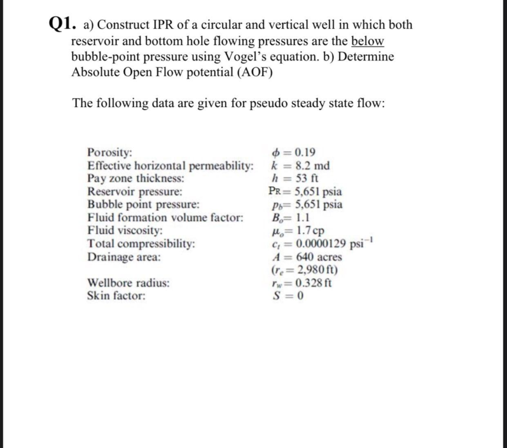 Q1. a) Construct IPR of a circular and vertical well