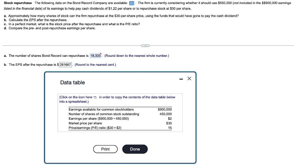 Solved Stock repurchase The following data on the Bond | Chegg.com