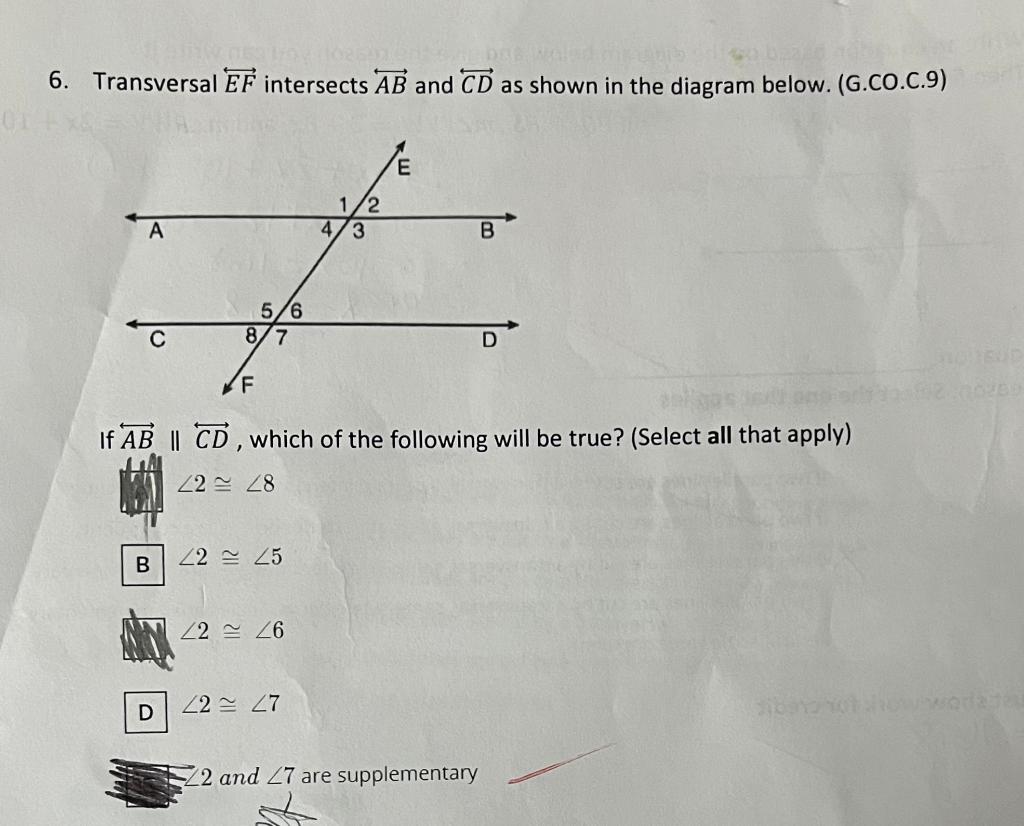 Solved 6. Transversal EF intersects AB and CD as shown in | Chegg.com