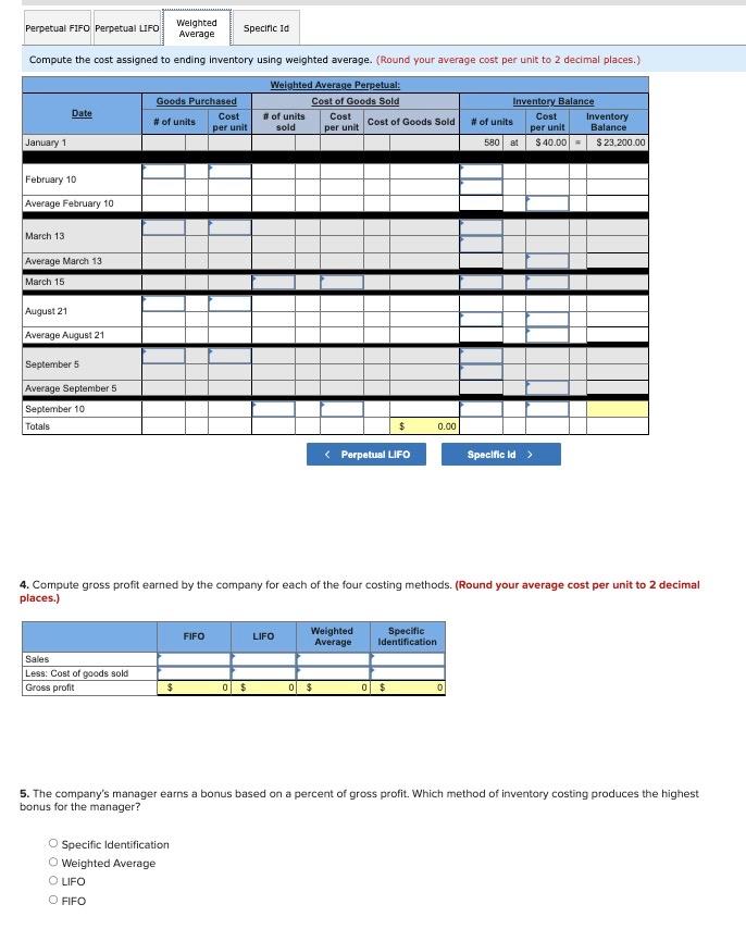 4. Compute gross profit earned by the company for each of the four costing methods. (Round your average cost per unit to 2 de