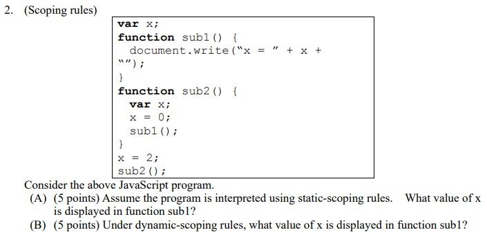 Solved 2. (Scoping rules) var x; function subl () { | Chegg.com