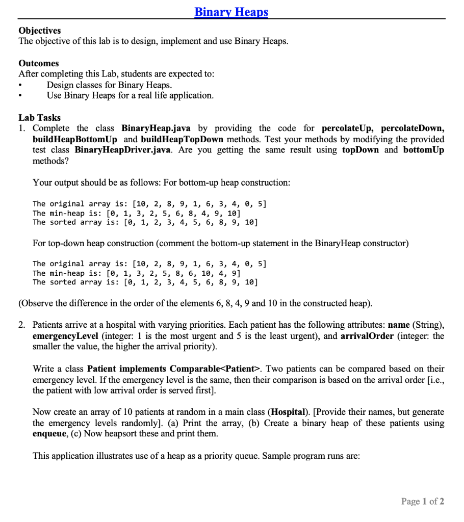 Solved Binary Heaps Objectives The objective of this lab is | Chegg.com