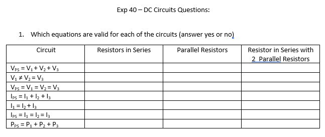 Solved Exp 40 - DC Circuits Questions: 1. Which equations | Chegg.com