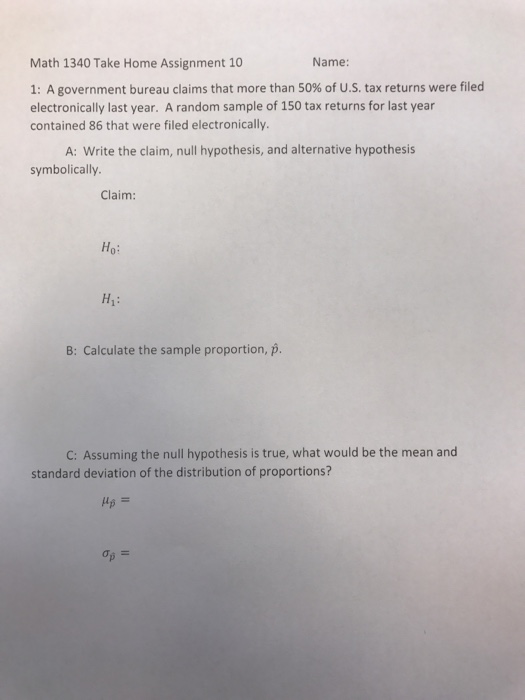 Solved Math 1340 Take Home Assignment 10 Name: 1: A | Chegg.com