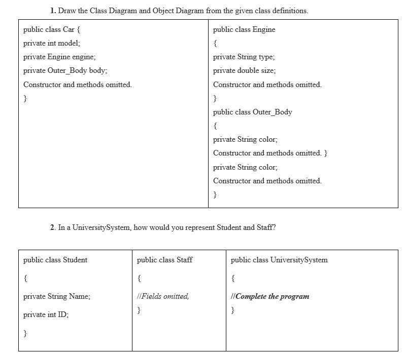 Solved 1. Draw the Class Diagram and Object Diagram from the | Chegg.com