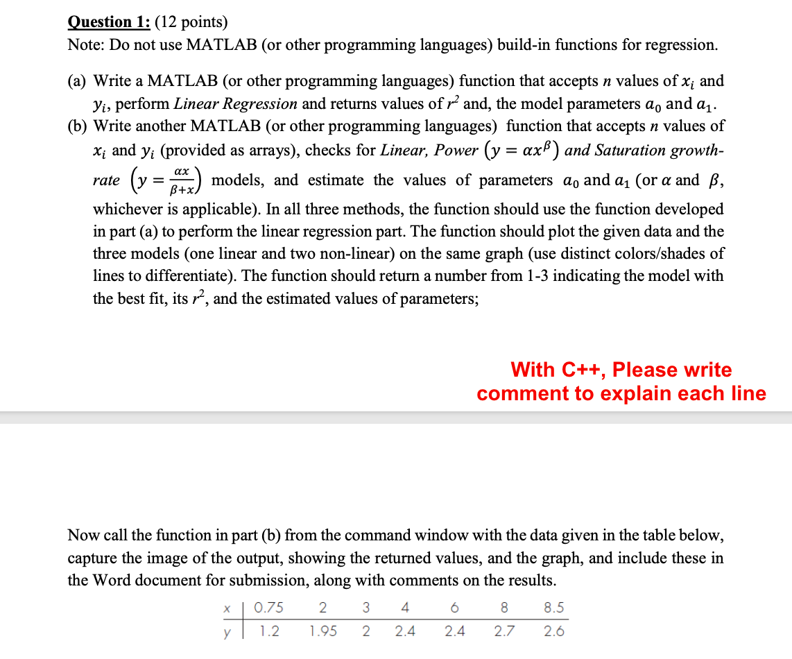 Question 1: (12 points) Note: Do not use MATLAB (or | Chegg.com