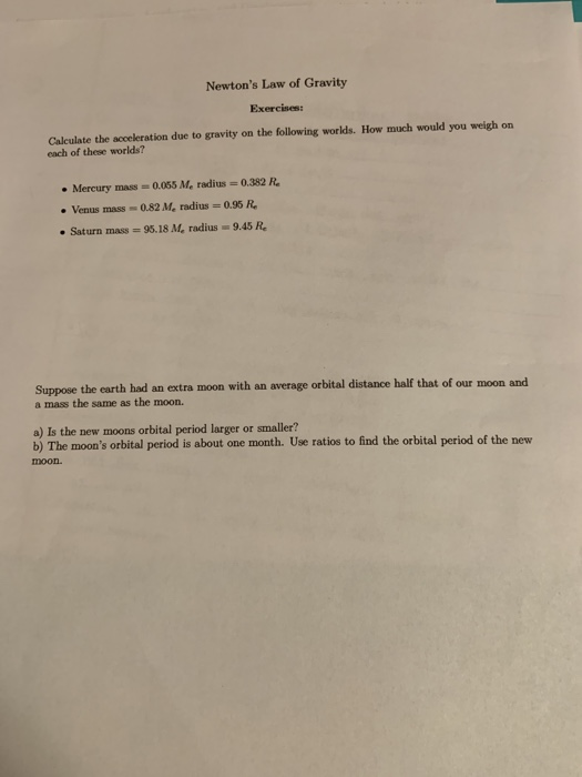 Gravity Exercise Problem Solved Newton's Law of Gravity Exercises: Calculate the | Chegg.com
