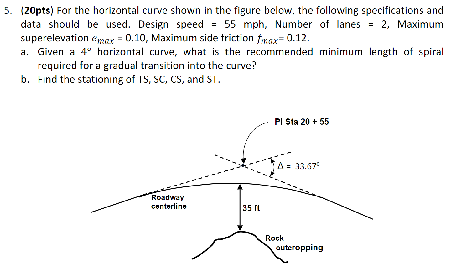 Solved (20pts) For the horizontal curve shown in the figure | Chegg.com