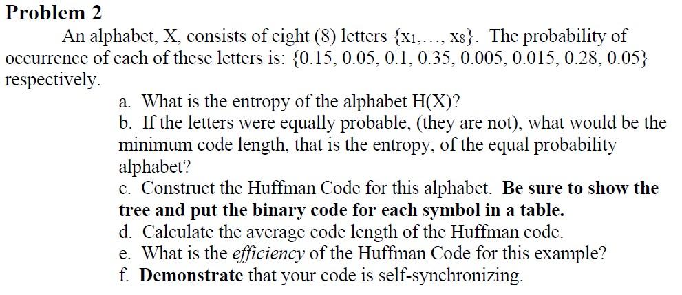 Solved Problem 2 An alphabet, X, consists of eight (8) | Chegg.com