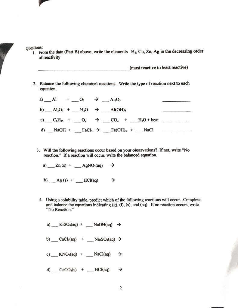 Solved Questions: 1. From the data (Part B) above, write the | Chegg.com