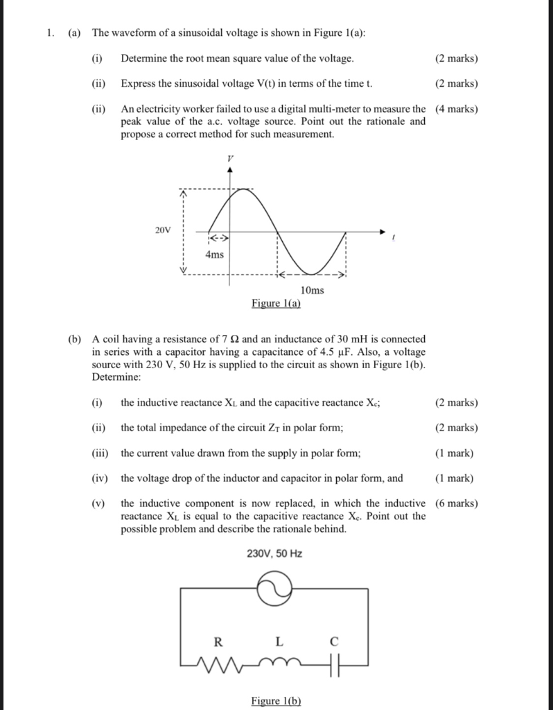 Solved 1. (a) The waveform of a sinusoidal voltage is shown | Chegg.com