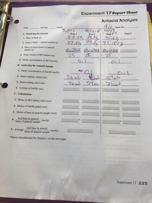 Solved Experiment 17 Report Sheet Antacid Analysis Desk No.