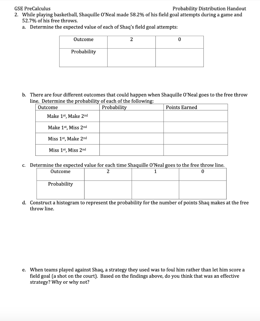 Solved GSE PreCalculus Probability Distribution Handout 2. | Chegg.com