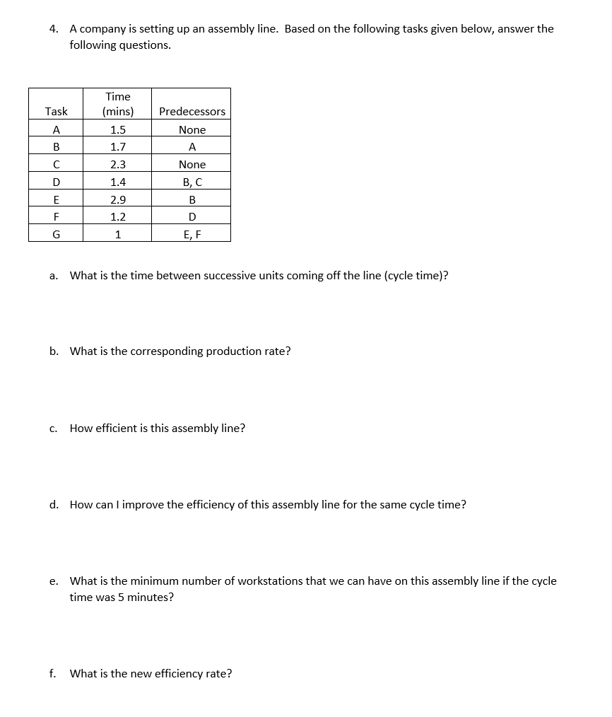 Solved 4. A company is setting up an assembly line. Based on | Chegg.com