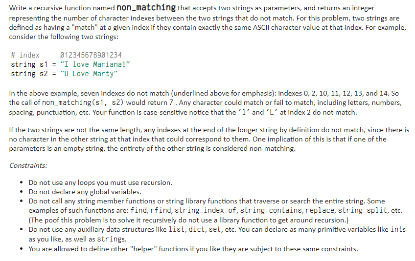 Solved Write A Recursive Function Named Non matching That Chegg