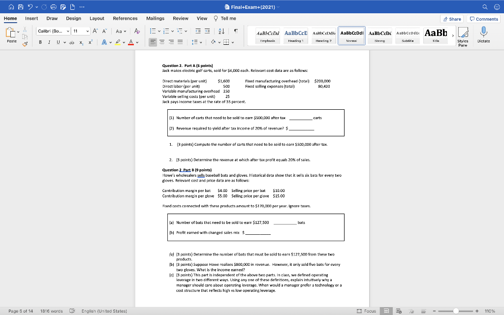 Solved 820@ Final+Exam+(2021) Home Insert Draw Design Layout | Chegg.com