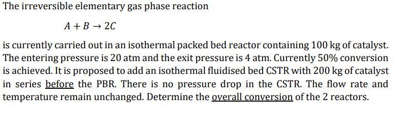 Solved The irreversible elementary gas phase reaction A + B | Chegg.com