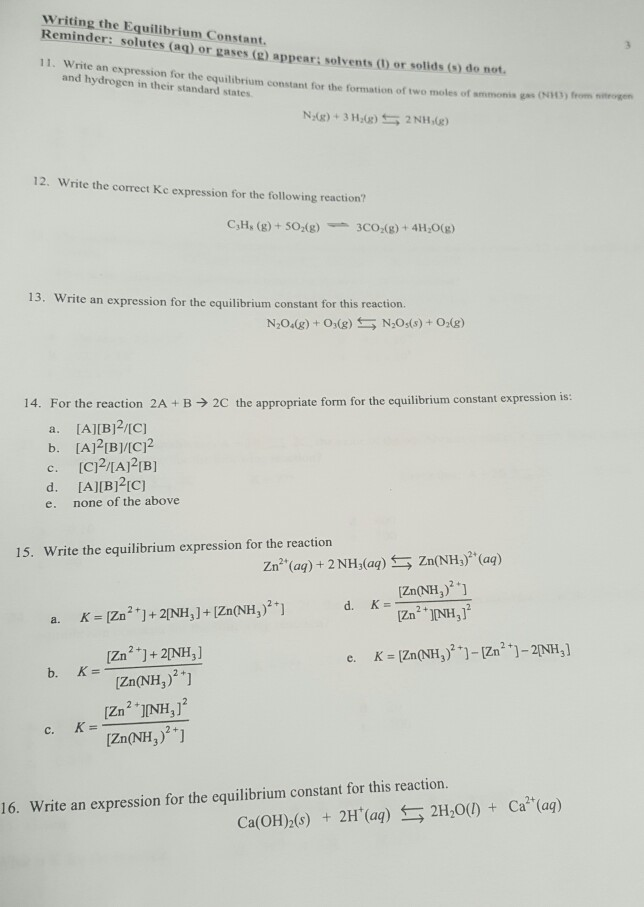 Solved Writing the Equilibrium Constant Reminder: solutes | Chegg.com