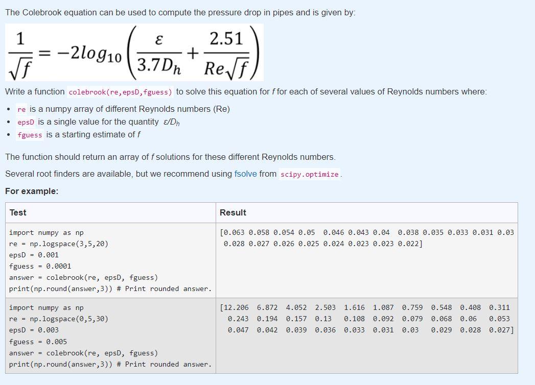 Solved The Colebrook equation can be used to compute the | Chegg.com