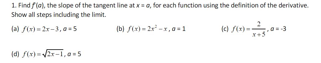 Solved 1. Find f (a), the slope of the tangent line at x = | Chegg.com