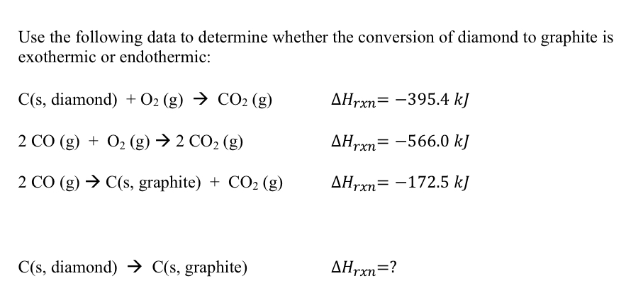 Use the following data to determine whether the conversion of diamond to graphite is exothermic or endothermic: C(s, diamond)