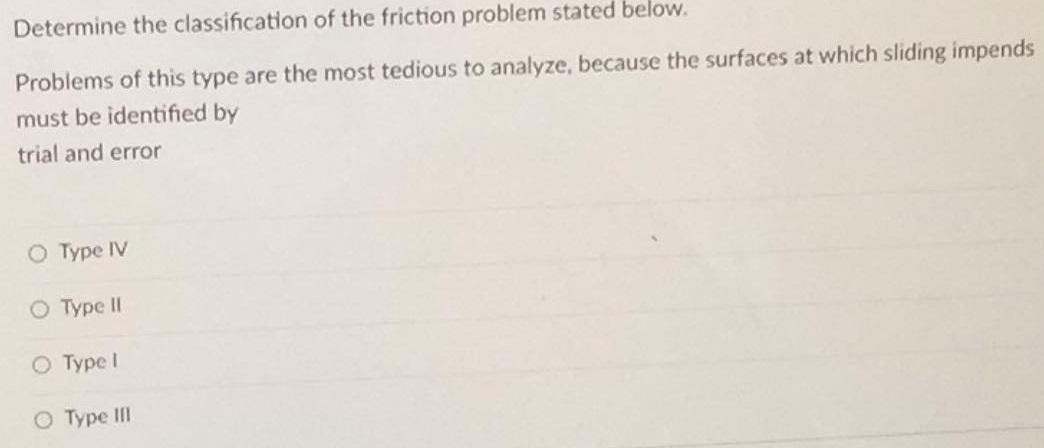 Solved Determine the classification of the friction problem | Chegg.com