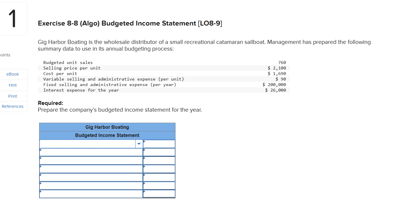 Solved Exercise 8-8 (Algo) Budgeted Income Statement [LO8-9] | Chegg.com