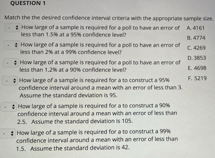 Solved QUESTION 1 Match the the desired confidence interval | Chegg.com