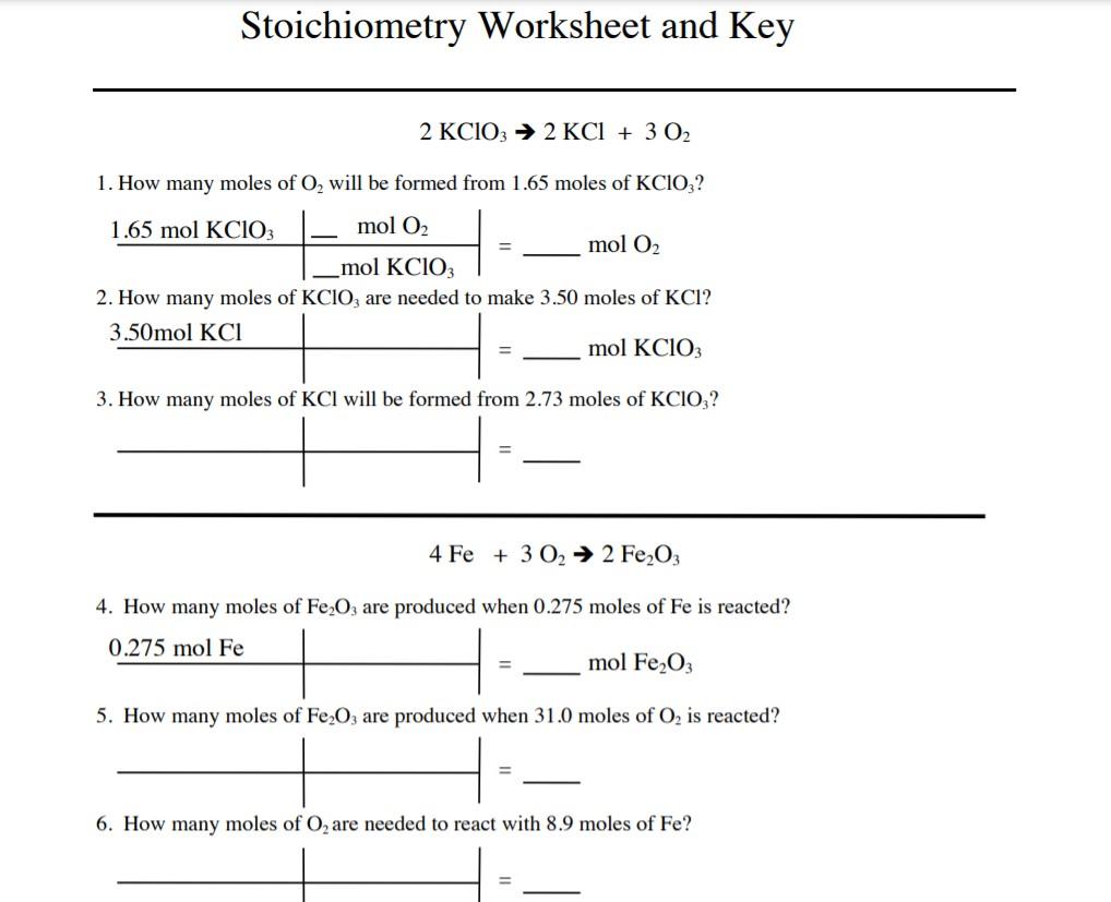 Solved Stoichiometry Worksheet and Key 2 KCIO3 → 2 KCl + 3 | Chegg.com