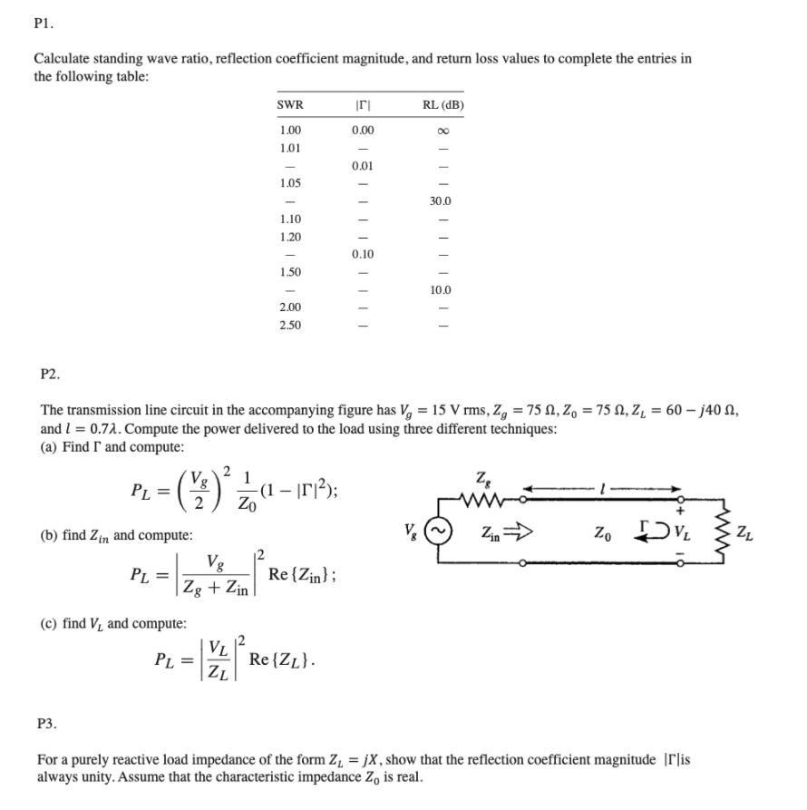 Solved P1. Calculate standing wave ratio, reflection | Chegg.com