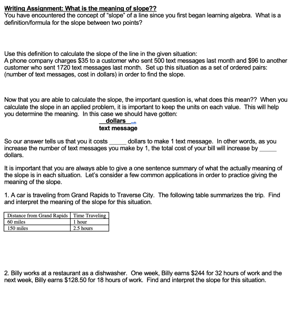 Writing Assignment What Is The Meaning Of Slope Chegg Com