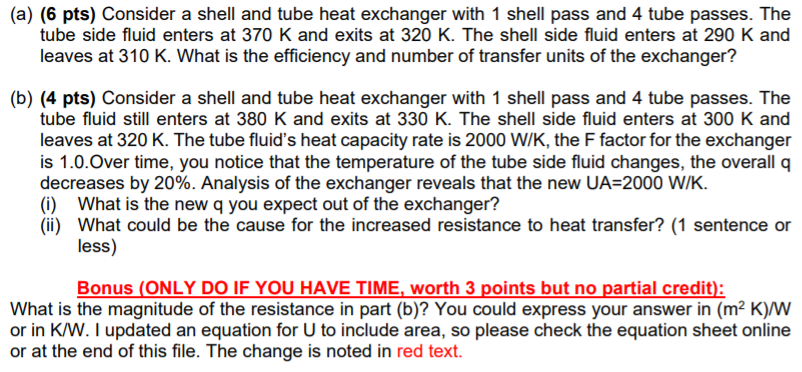 Solved (a) (6 pts) Consider a shell and tube heat exchanger | Chegg.com