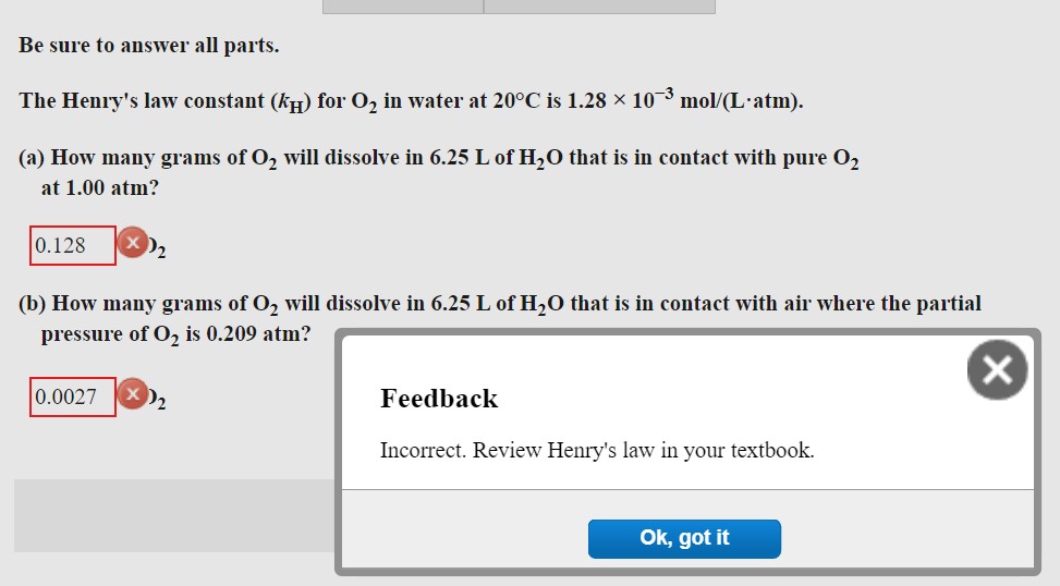 Solved Be Sure To Answer All Parts. The Henry's Law Constant | Chegg.com