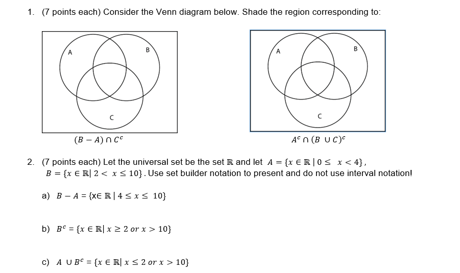 Solved 1. (7 points each) Consider the Venn diagram below. | Chegg.com