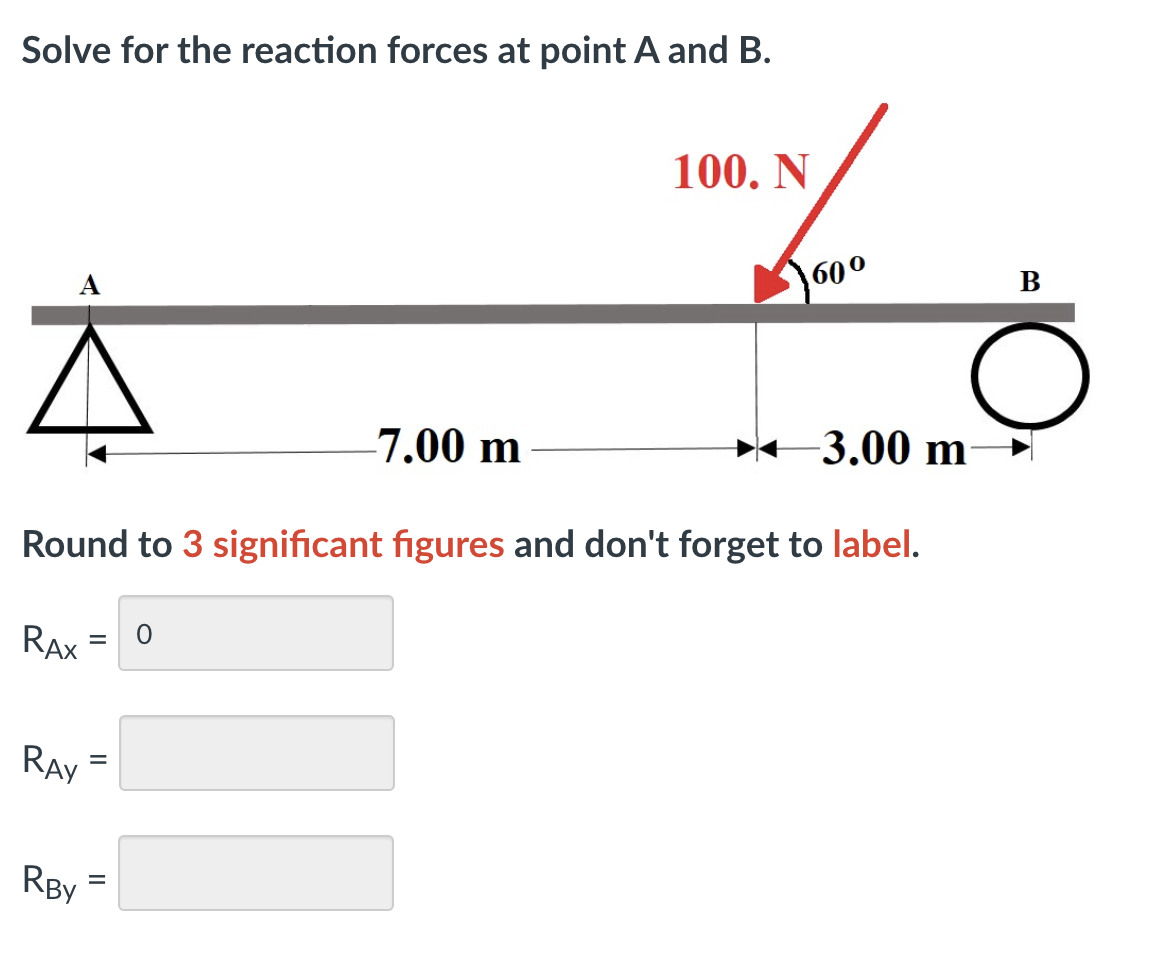 Solved Solve for the reaction forces at point A and B.Round | Chegg.com