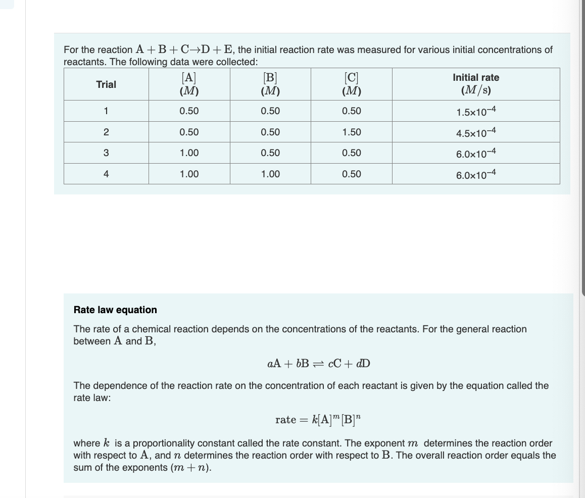 Solved For The Reaction A+B+C→D+E, The Initial Reaction Rate | Chegg.com