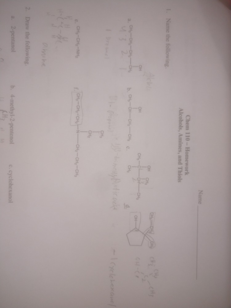 Solved Chem 110-Homework Alcohols, Amines, and Thiols 1 Name | Chegg.com