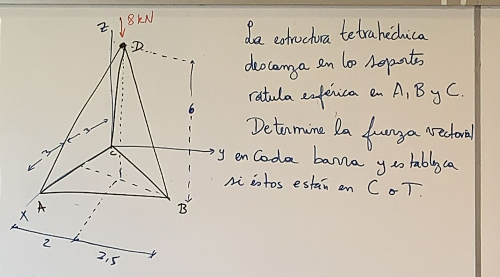 La estructura tetrahéchica deocanza en los soportes rátula esférica en \( A, B y C \). Determine la fuerza vectoral en Coda b