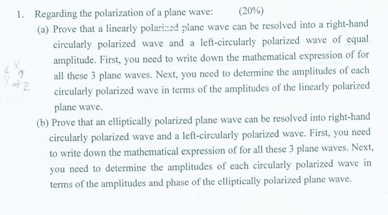 V
YAZ
1. Regarding the polarization of a plane wave: (20%)
(a) Prove that a linearly polarized plane wave can be resolved int