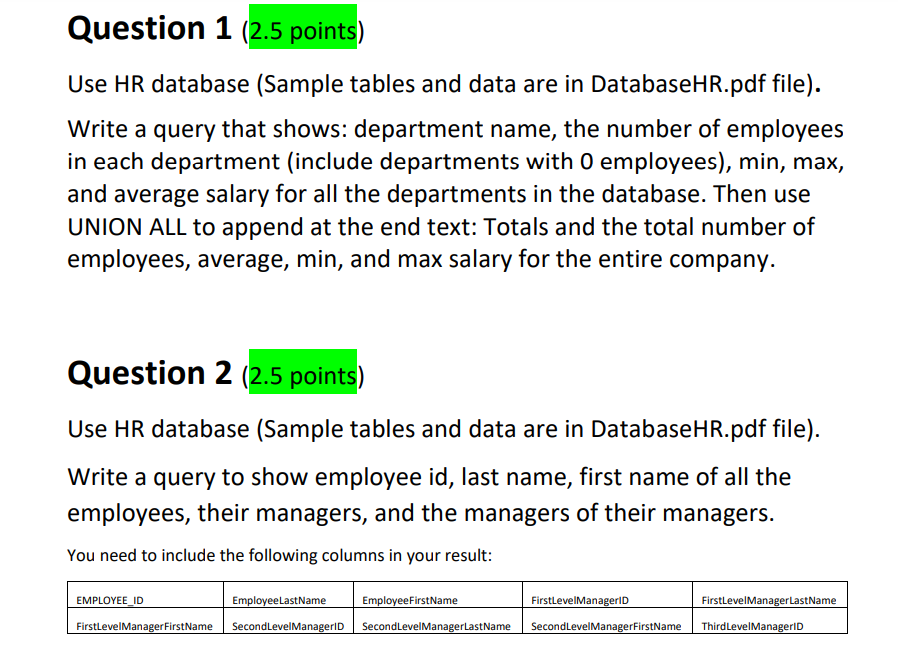 Solved Use HR database (Sample tables and data are in | Chegg.com