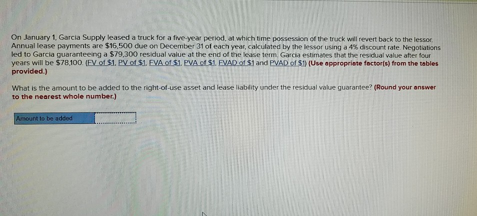 Solved On January 1, Garcia Supply leased a truck for a | Chegg.com