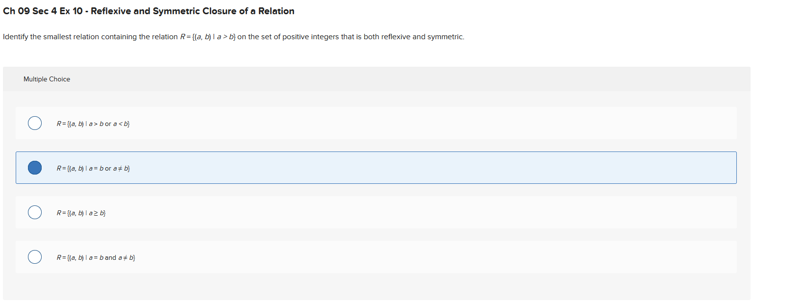 Solved Multiple Choice R={(a,b)∣a>b Or A | Chegg.com