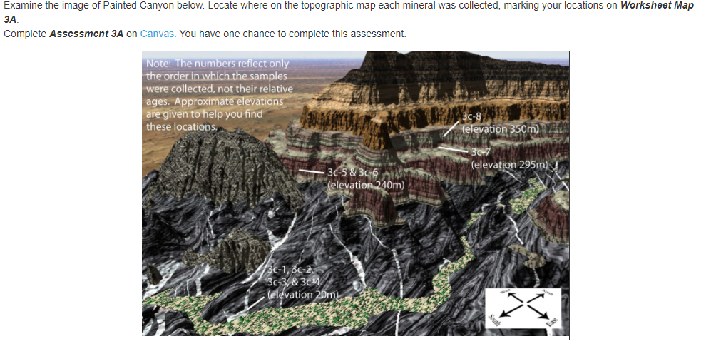 Examine the image of Painted Canyon below. Locate where on the topographic map each mineral was collected, marking your locat