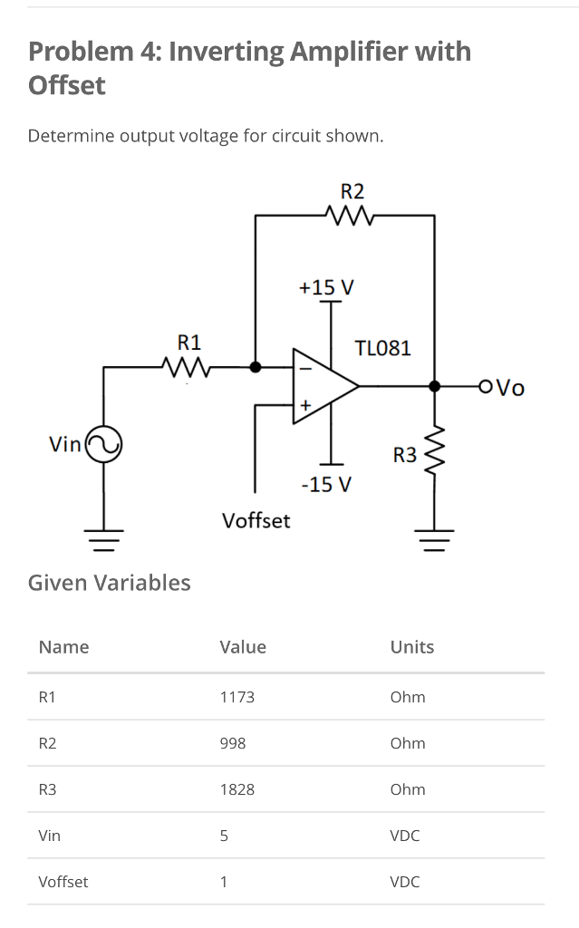 Solved Problem 4: Inverting Amplifier with Offset Determine | Chegg.com