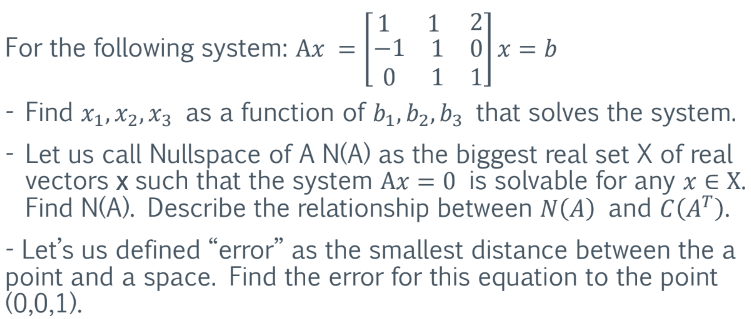 For the following system: Ax=⎣⎡1−10111201⎦⎤x=b - Find | Chegg.com