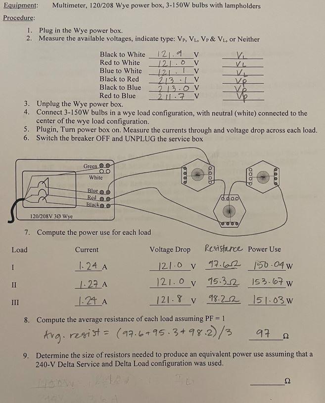 Solved Equipment Multimeter 1 8 Wye Power Box 3 150w Chegg Com