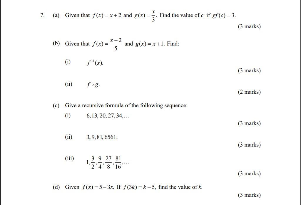 Solved (a) Given that f(x)=x+2 and g(x)=3x. Find the value | Chegg.com