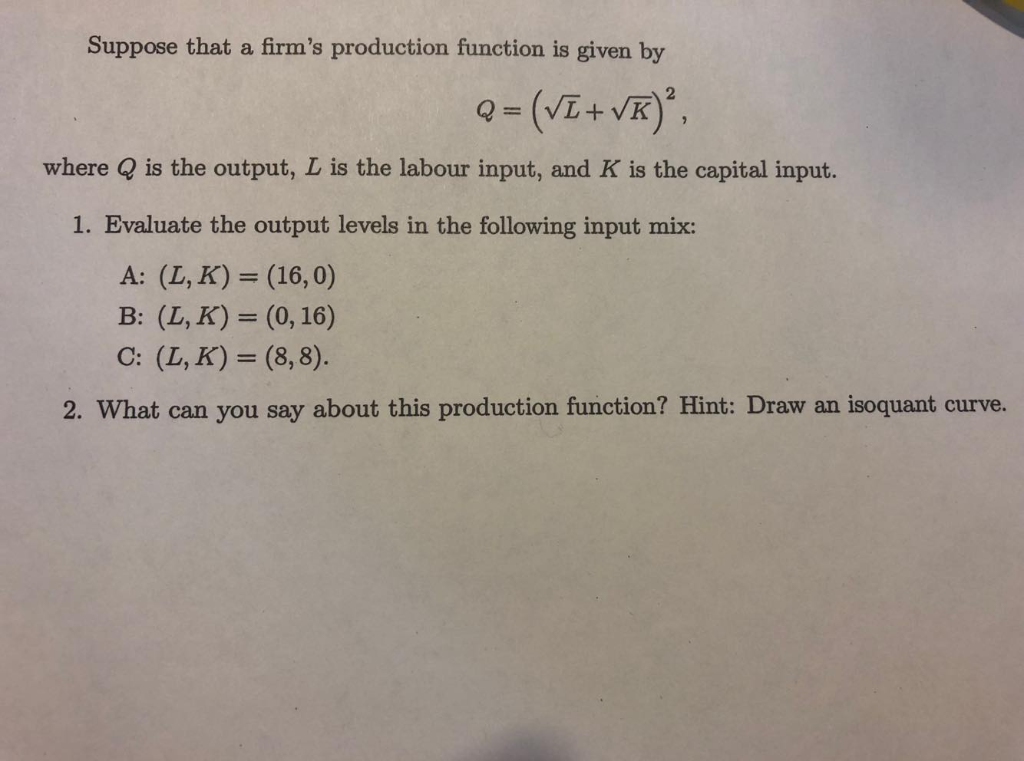 Solved Suppose that a firm's production function is given by | Chegg.com