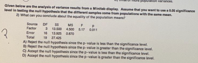 Solved Given below are the analysis of variance results from | Chegg.com